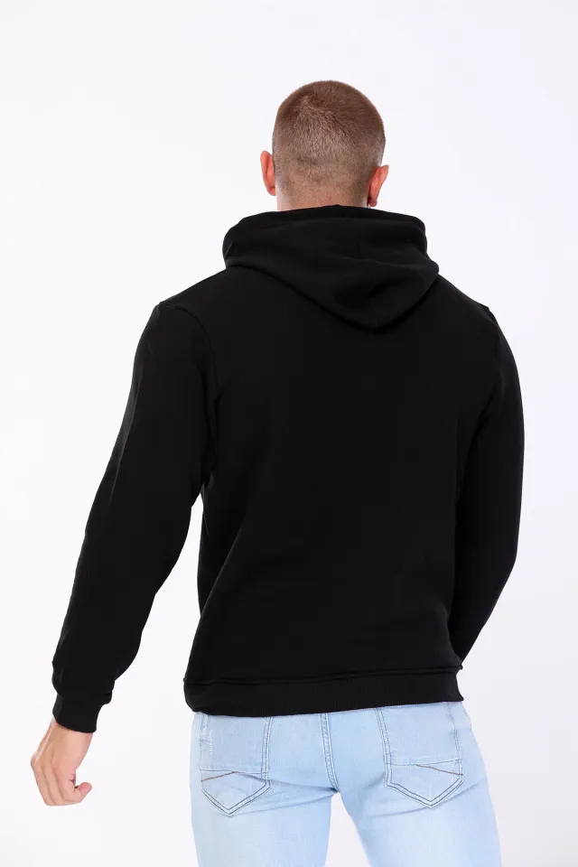 Erkek Kapüşonlu Şardonlu Kangru Cepli Sweatshirt Siyah