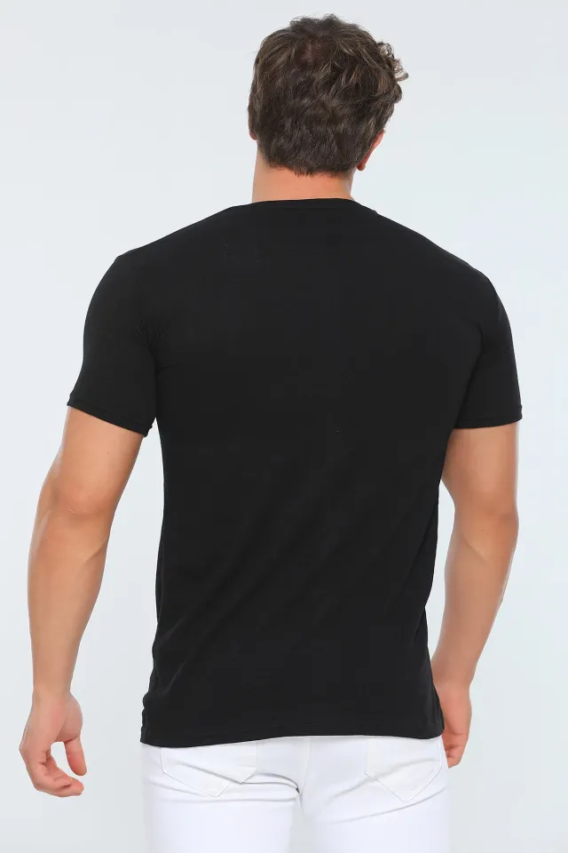 Erkek Likralı Bisiklet Yaka Slim Fit Baskılı T-shirt Siyah
