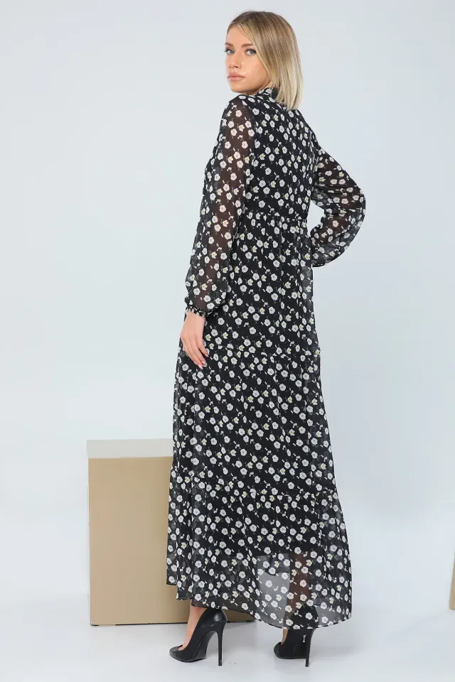 Kadın Hakim Yaka Çiçek Desenli Uzun Şifon Elbise Siyah