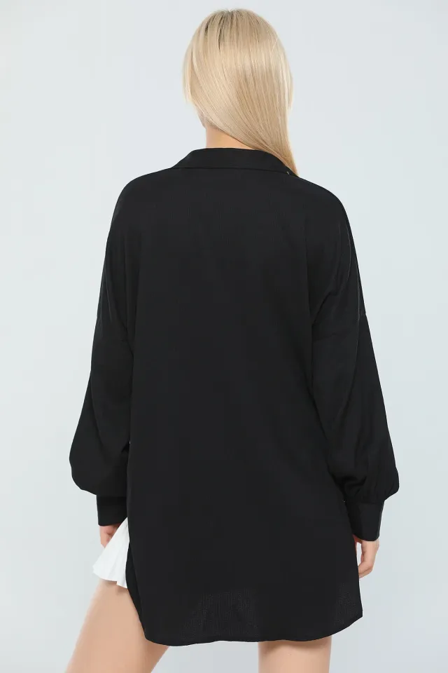 Kadın Arkası Uzun Yaka Taş Detaylı Salaş Tunik Gömlek Siyah