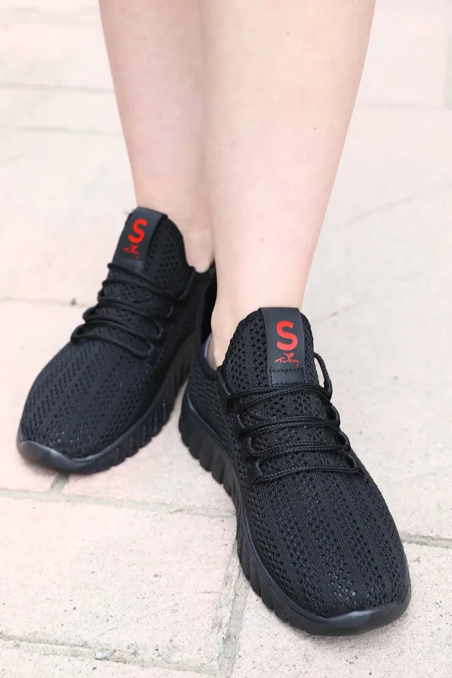 Kadın Bağcıklı Lafonten Triko Mevsimlik Günlük Spor Ayakkabı Siyah