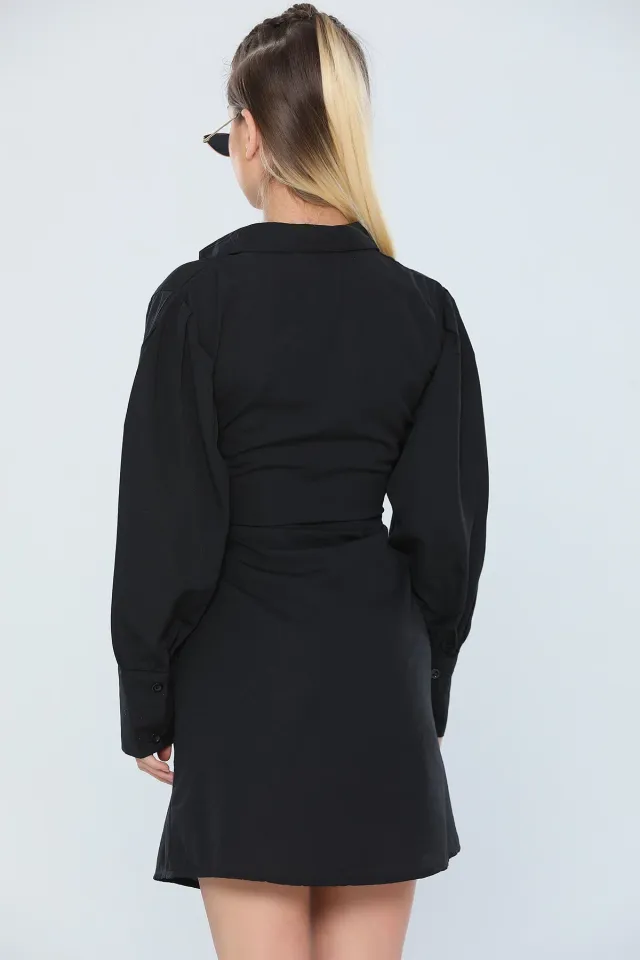 Kadın Balon Kol Geniş Manşetli Gömlek Tunik Siyah