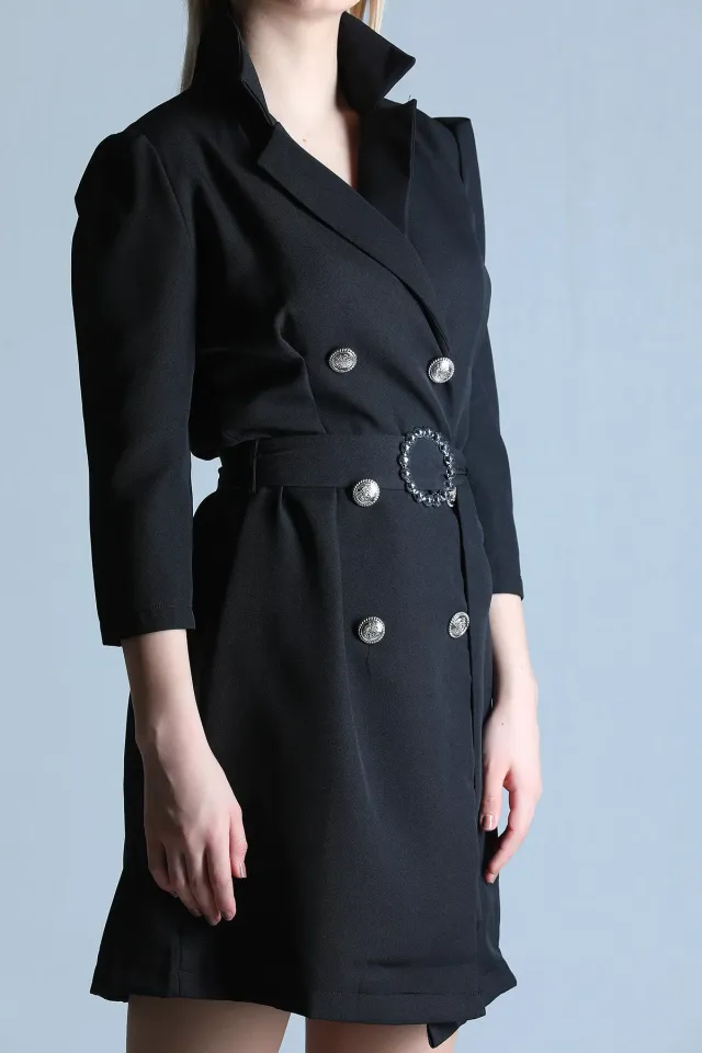 Kadın Kruvaze Yaka Bel Tokalı Uzun Ceket Elbise Siyah
