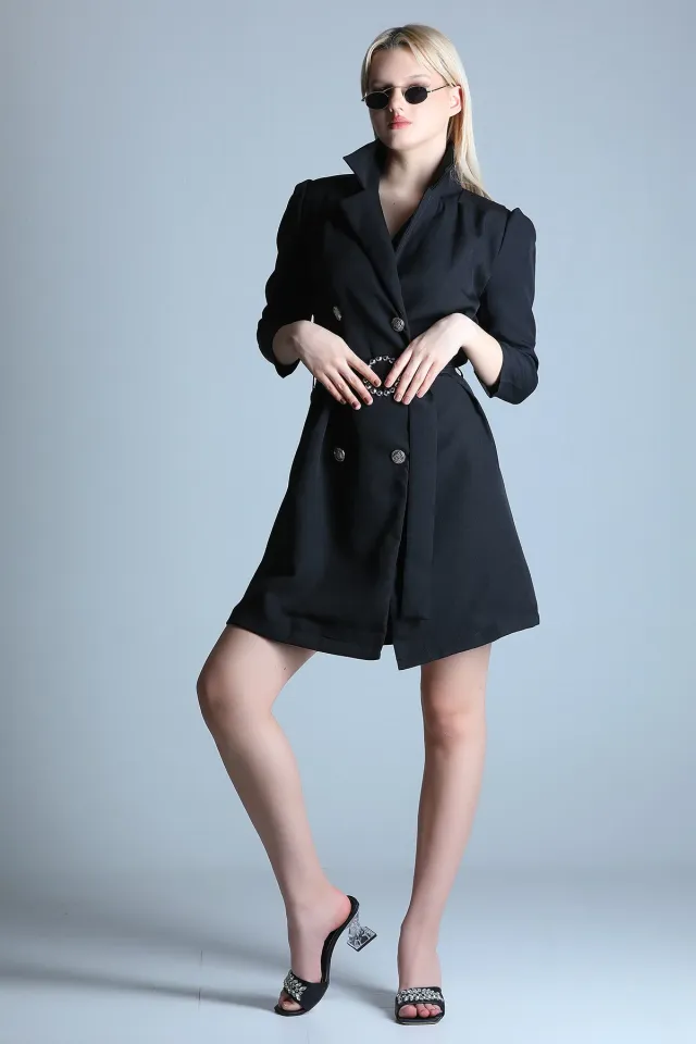 Kadın Kruvaze Yaka Bel Tokalı Uzun Ceket Elbise Siyah