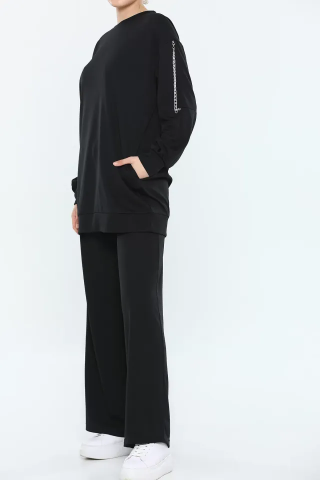 Kadın Modest Likralı Kol Detaylı Tunik Bol Paça Pantolon Tesettür İkili Takım Siyah