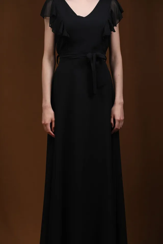 Kadın Ön Arka V Yaka İç Astarlı Uzun Şifon Abiye Elbise Siyah