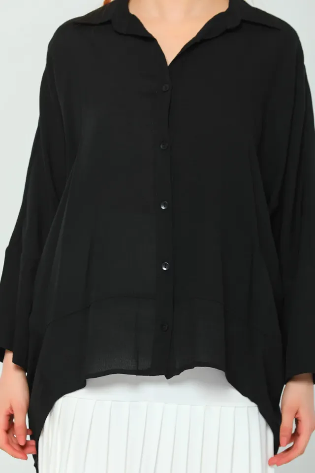 Kadın Oversize Ön Kısa Yarasa Kol Gömlek Siyah