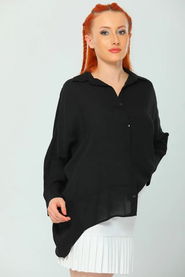 Kadın Oversize Ön Kısa Yarasa Kol Gömlek Siyah