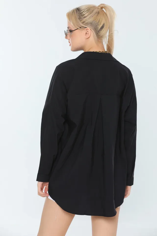Kadın Oversize Yaka Armalı Ceket Gömlek Siyah