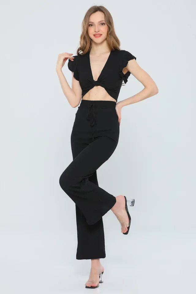 Kadın Yaka Dekolteli Crop Bluz Yüksek Bel Bol Paça Pantolon İkili Takım Siyah