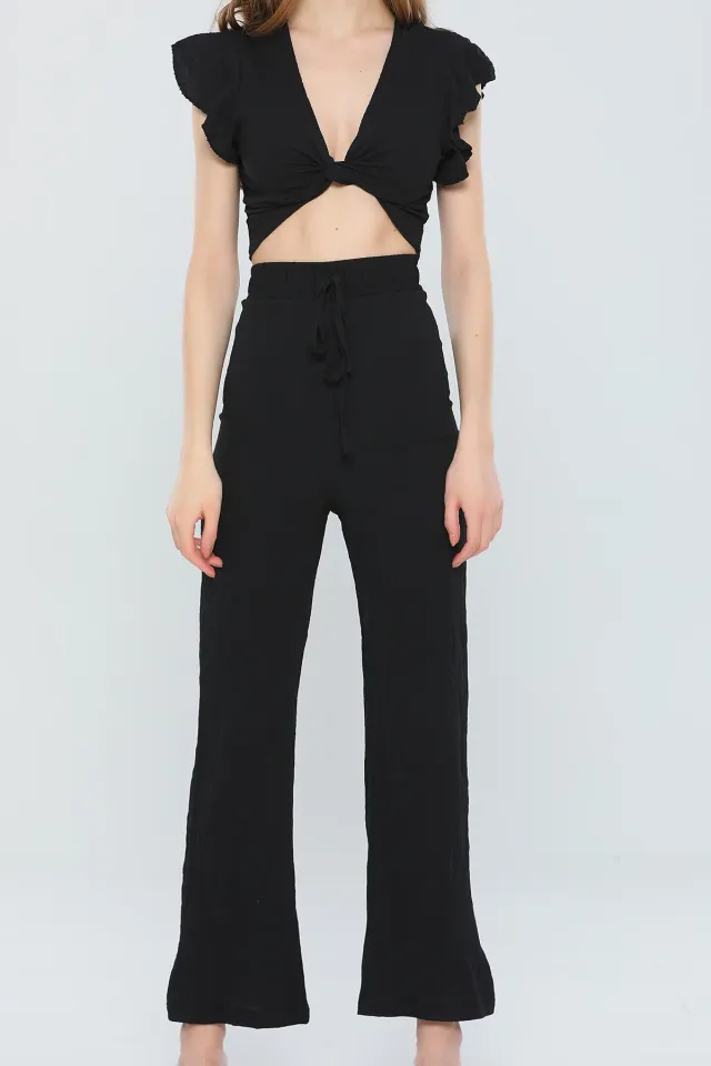 Kadın Yaka Dekolteli Crop Bluz Yüksek Bel Bol Paça Pantolon İkili Takım Siyah