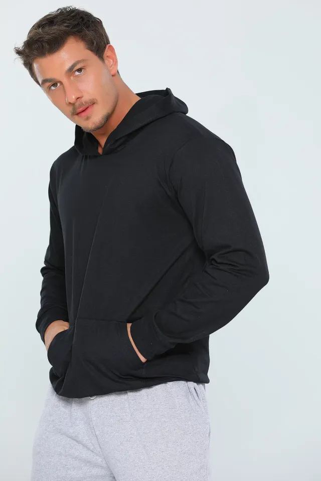Erkek Kapüşonlu Kanguru Cep Basic Sweatshirt Siyah