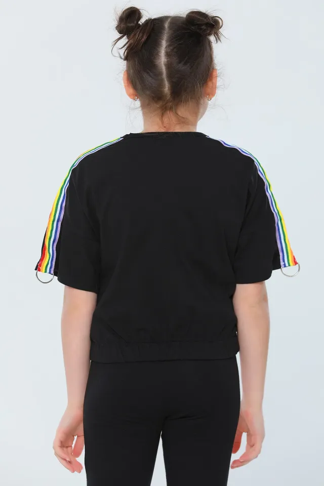 Kız Çocuk Likralı Bisiklet Yaka Bel Detaylı T-shirt Siyah