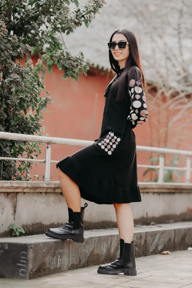 Kadın Lıkralı Kolu Puantiyeli Uzun Trıko Tunık Siyah