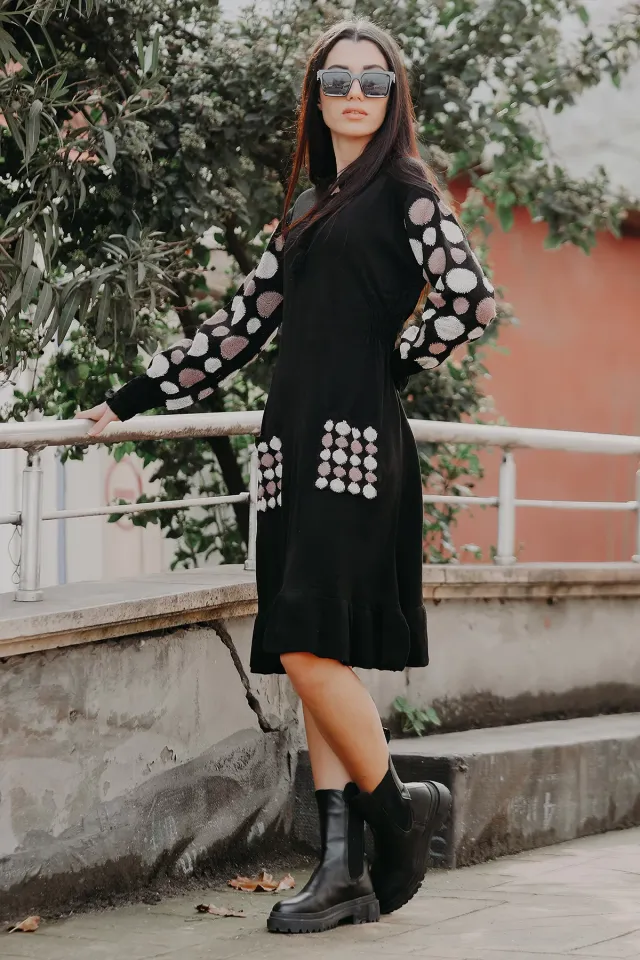 Kadın Lıkralı Kolu Puantiyeli Uzun Trıko Tunık Siyah