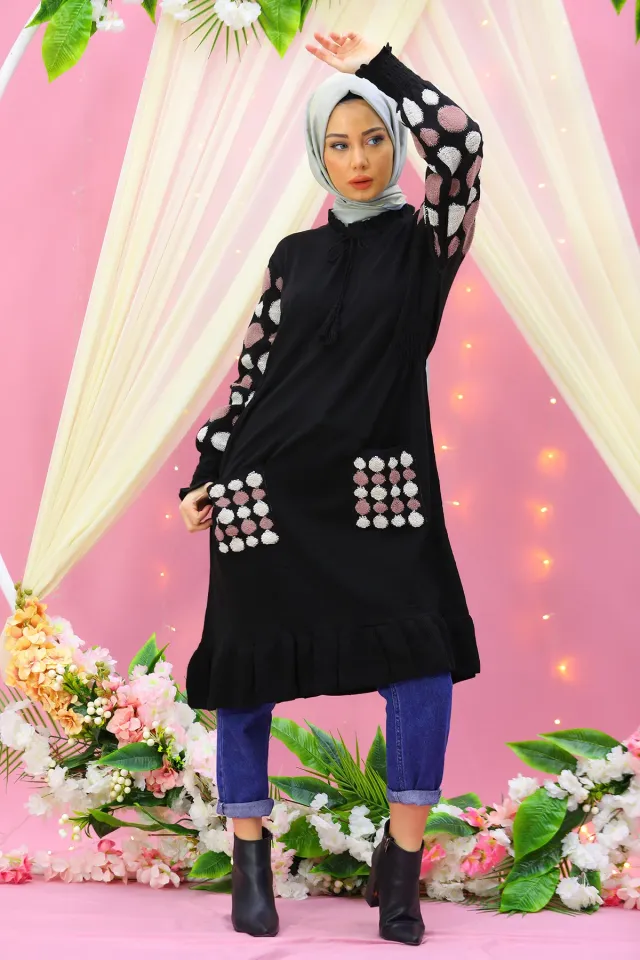 Kadın Modest Likralı Puantiyeli Uzun Tesettür Triko Tunik Siyah