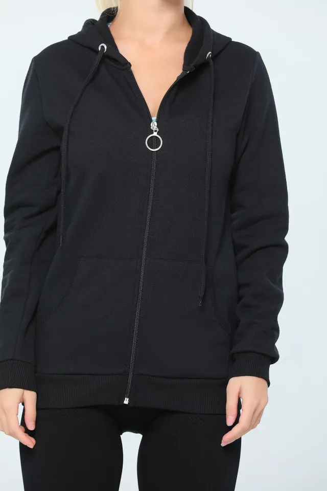 Kadın Kapüşonlu Fermuarlı Slim Fit Basic Sweatshirt Siyah