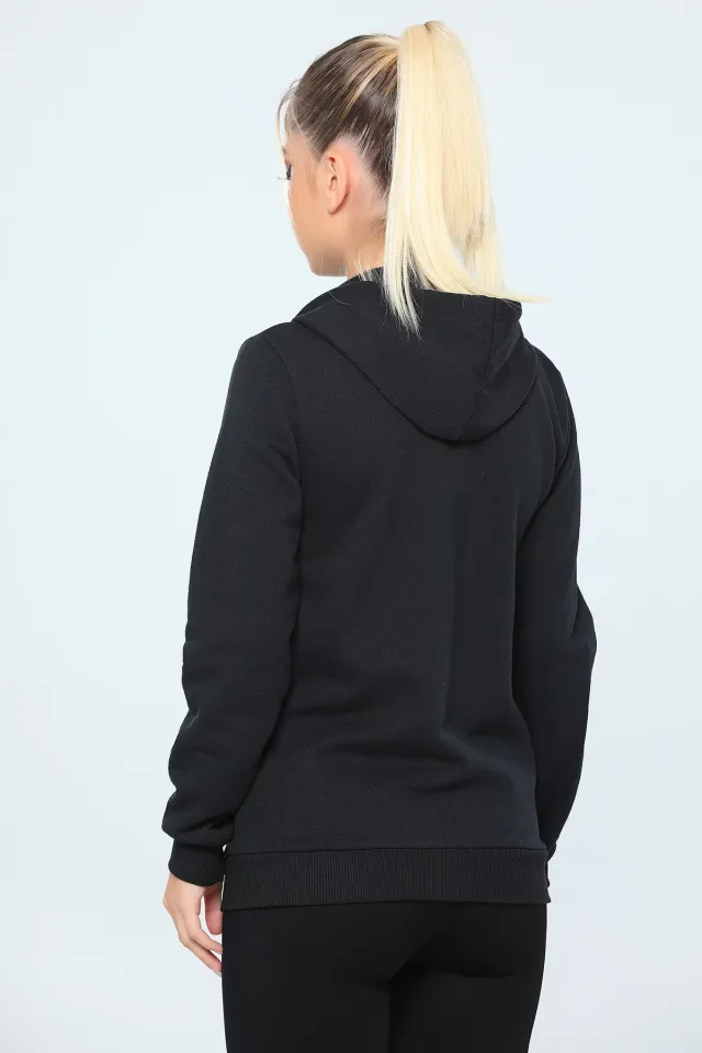 Kadın Kapüşonlu Fermuarlı Slim Fit Basic Sweatshirt Siyah
