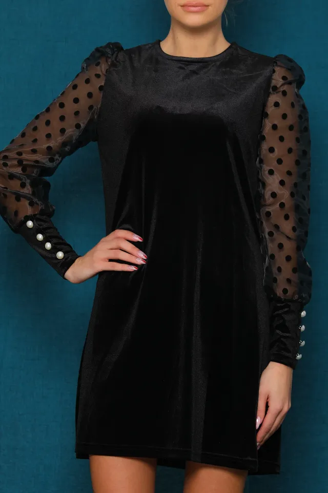 Prenses Kol Puantiyeli Kadife Kadın Elbise Siyah