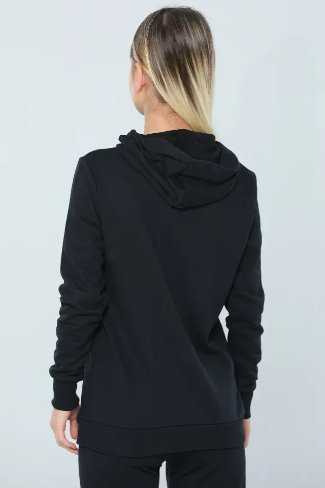 Kadın Likralı Kapüşonlu Basic Sweatshirt Siyah