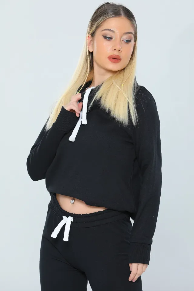 Kadın Likralı Kapüşonlu Basic Sweatshirt Siyah
