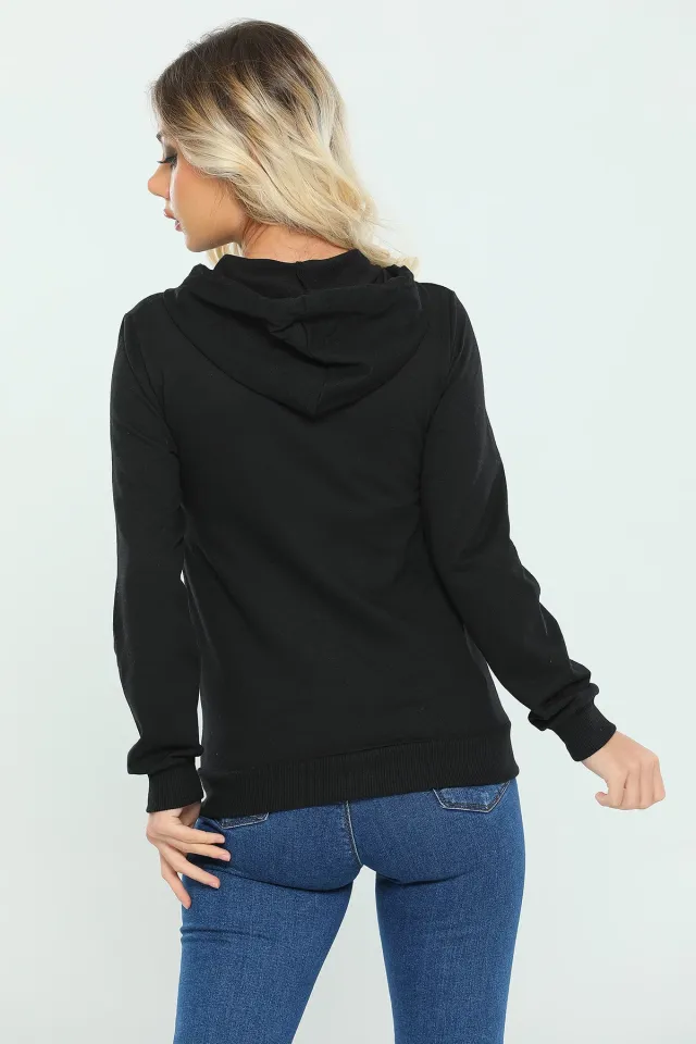 Kadın Kapüşonlu Fermuarlı Slim Fit Basic Sweatshirt SiyahBeyaz