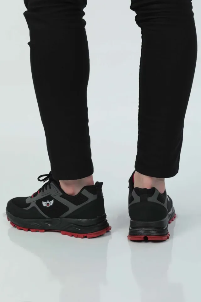 Erkek Bağcıklı Lafonten Triko Mevsimlik Günlük Spor Ayakkabı Siyahkırmızı