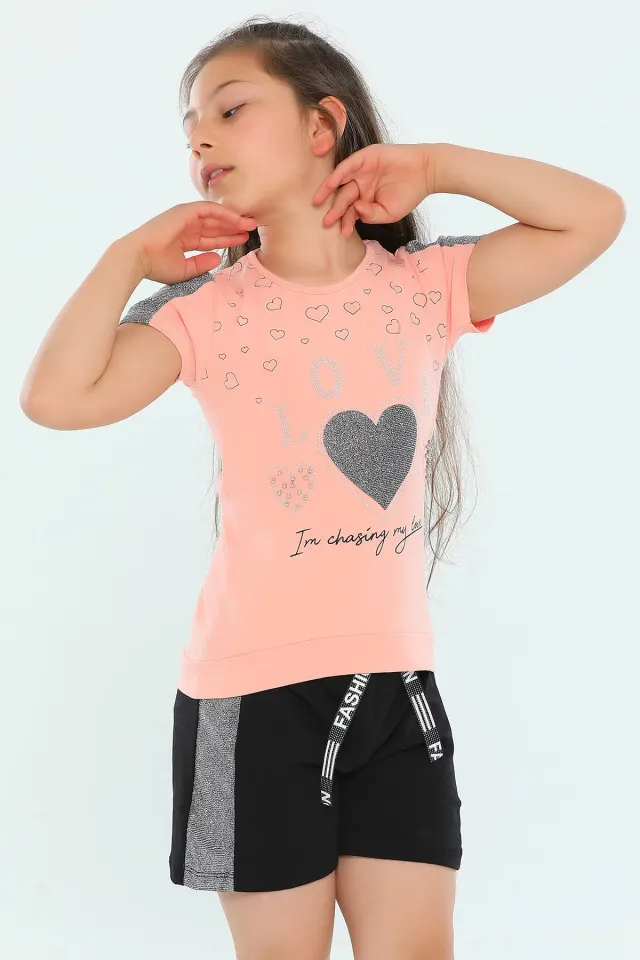 Kız Çocuk Likralı T-shirt Şort İkili Takım Somon