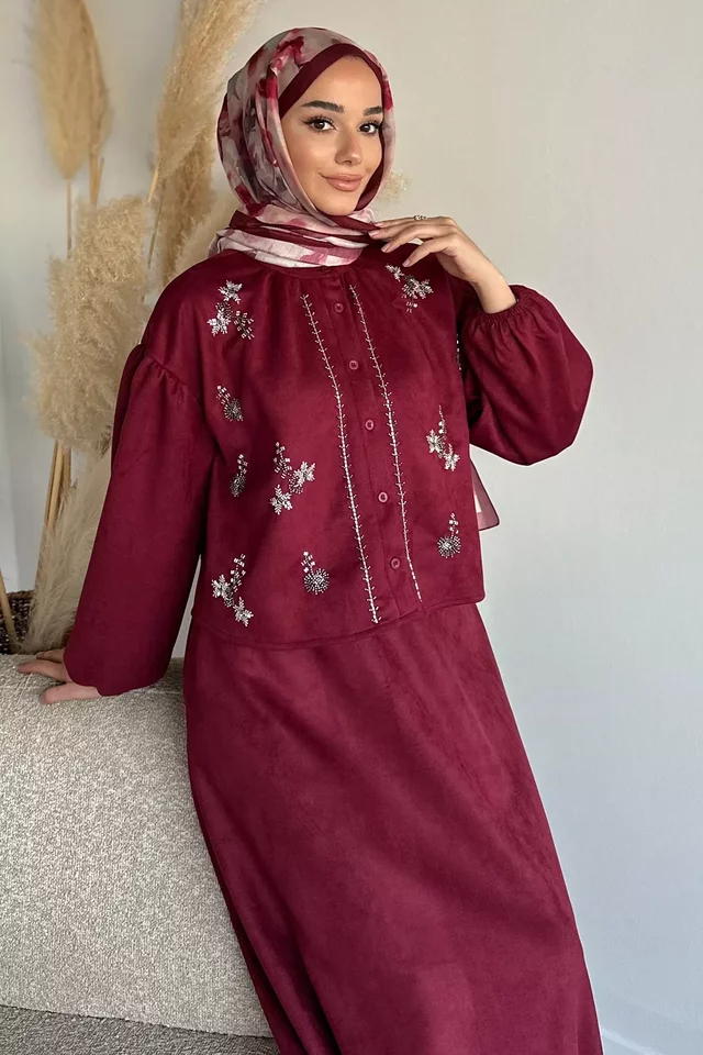 Taş İşlemeli Süet Ceket Bel Lastikli Etek Tesettür İkili Takım - 2