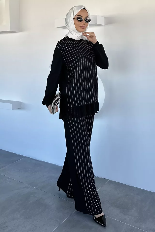 Taş İşlemeli Tesettür Tunik Bel Lastikli Pantolon İkili Takım - 1
