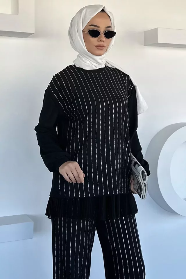 Taş İşlemeli Tesettür Tunik Bel Lastikli Pantolon İkili Takım - 2