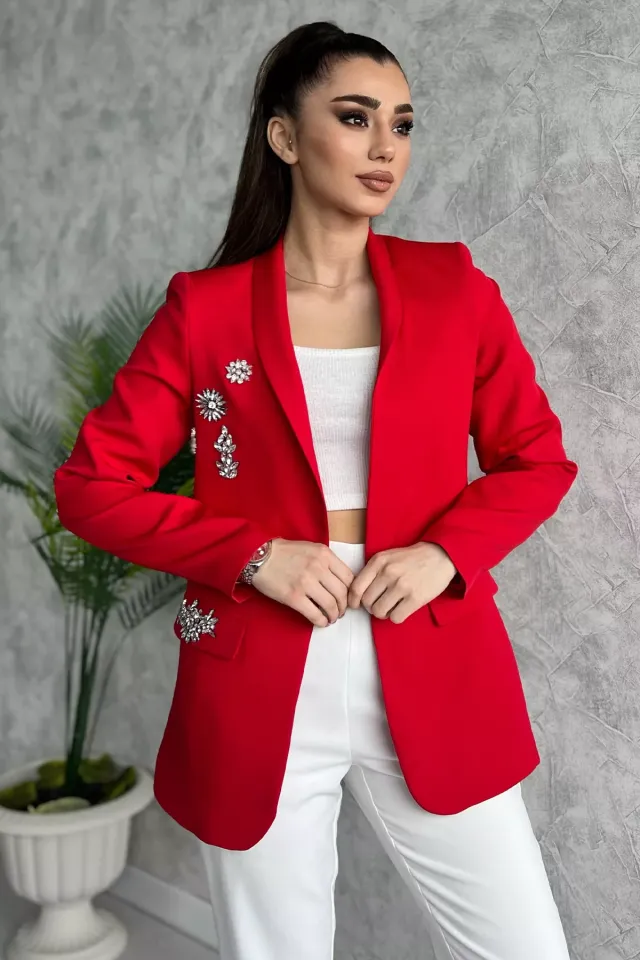 Taş Detaylı Astarlı Sahte Cepli Kadın Blazer Ceket Kırmızı