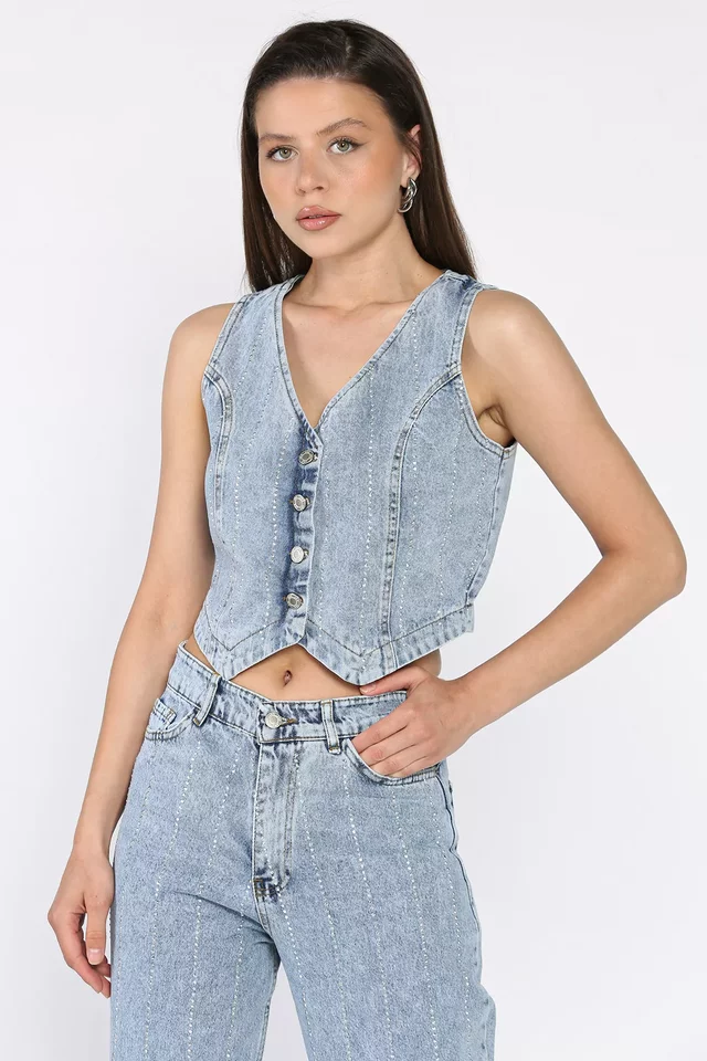 Taş Detaylı Jean Kot Yelek Pantolon İkili Takım