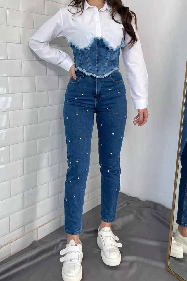 Taş Detaylı Yüksek Bel Kadın Jean Kot Pantolon Lacivert