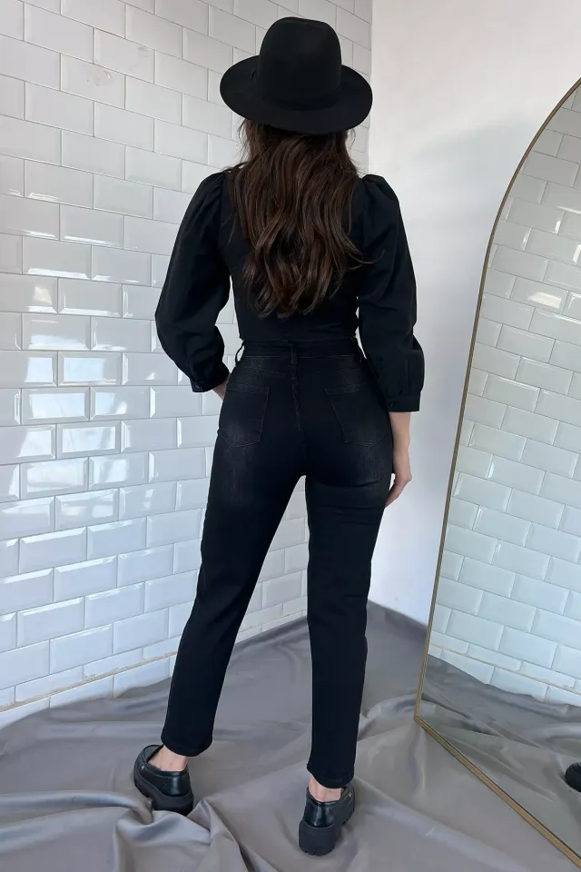 Taş Detaylı Yüksek Bel Kadın Jean Kot Pantolon Siyah