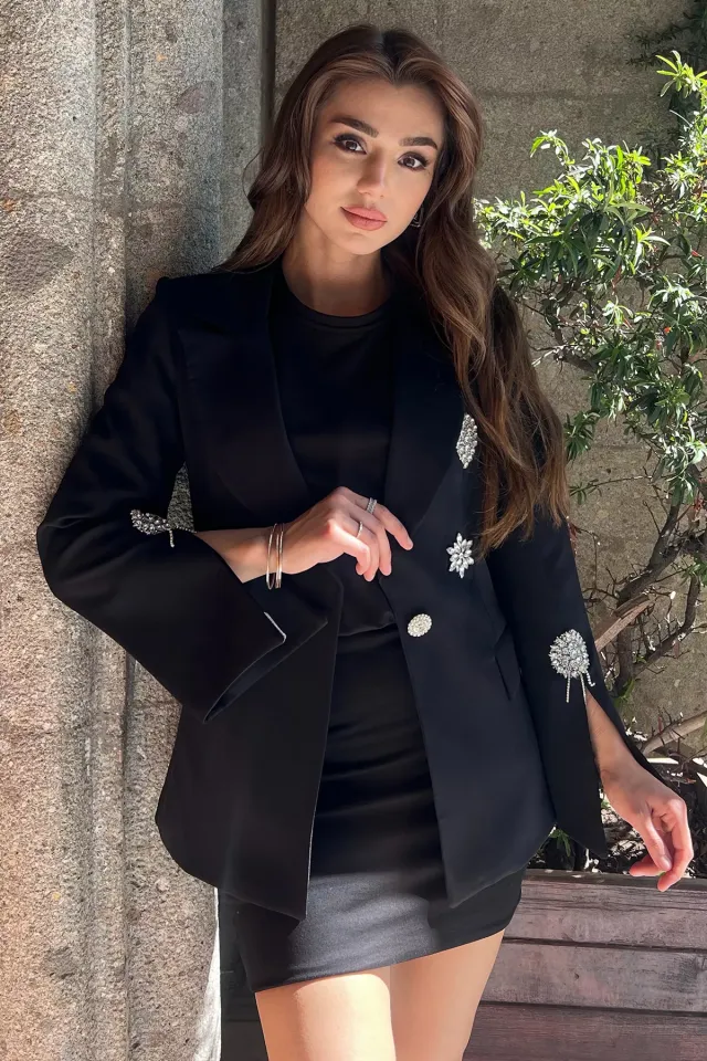 Taş İşlemeli Kadın Blazer Ceket Siyah