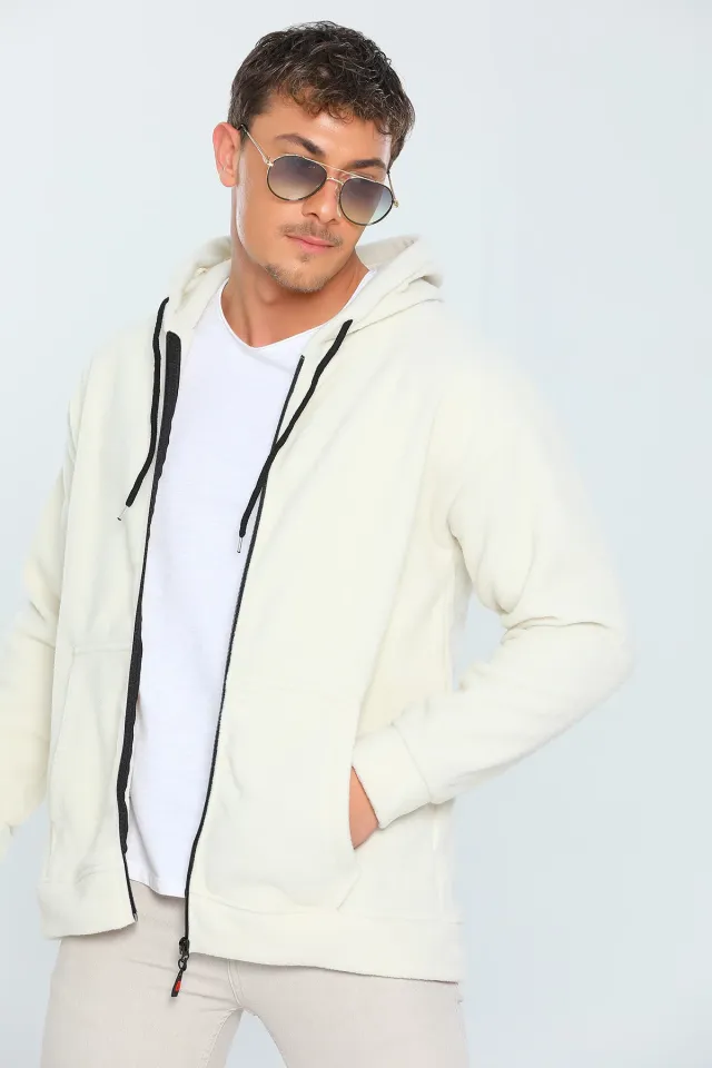 Erkek Likralı Sevgili Kombini Kapüşonlu Polar Sweatshirt Taş