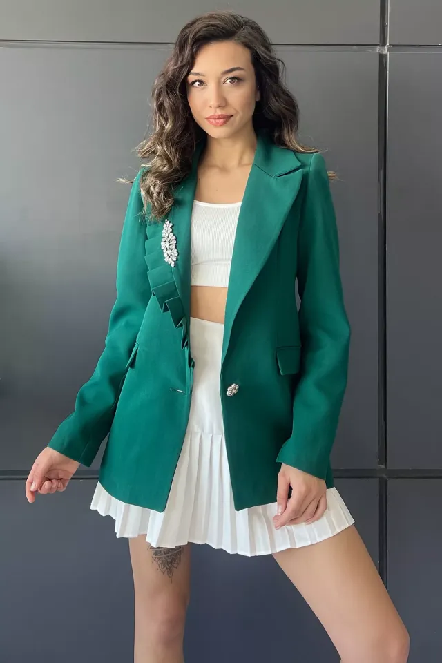 Taşlı Fırfırlı Kadın Blazer Ceket Zümrüt Yeşili