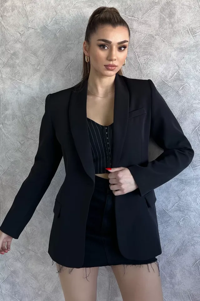 Tek Düğmeli Astarlı Cep Detaylı Kadın Blazer Ceket Siyah