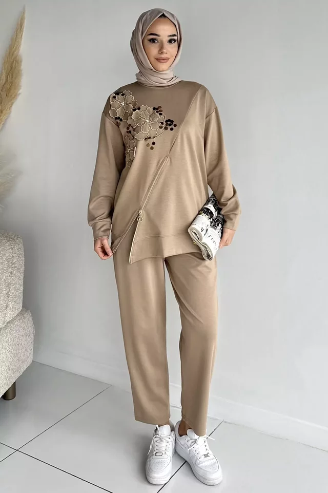 Tesettür Aplike Nakışlı Sweat Pantolon İkili Takım - 1