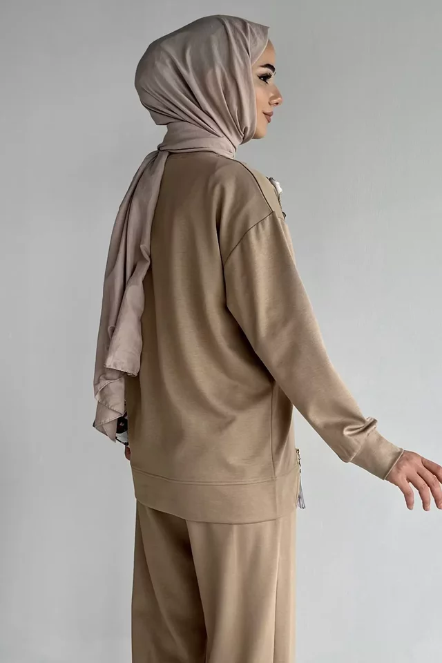 Tesettür Aplike Nakışlı Sweat Pantolon İkili Takım