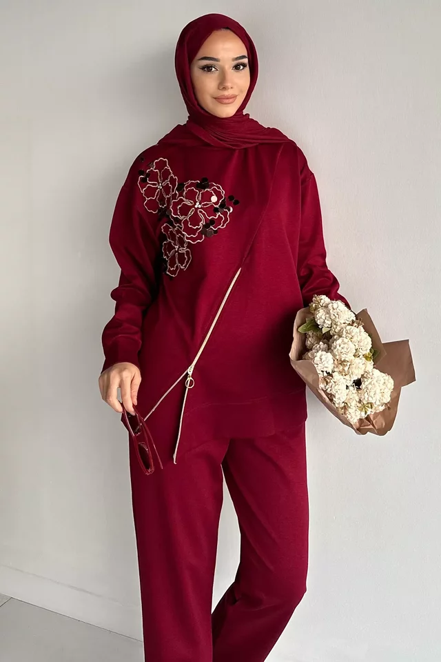 Tesettür Aplike Nakışlı Sweat Pantolon İkili Takım - 2