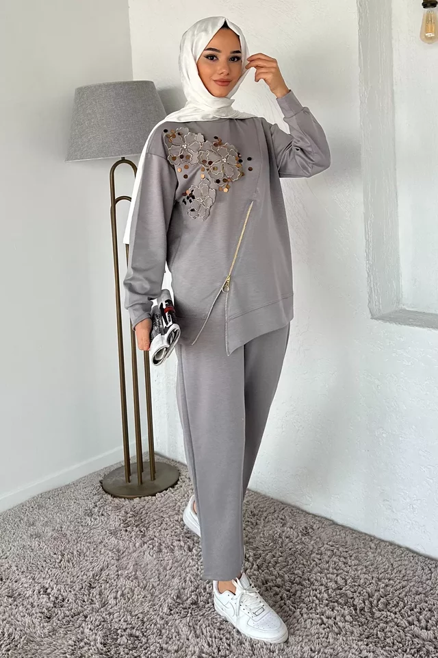 Tesettür Aplike Nakışlı Sweat Pantolon İkili Takım - 2