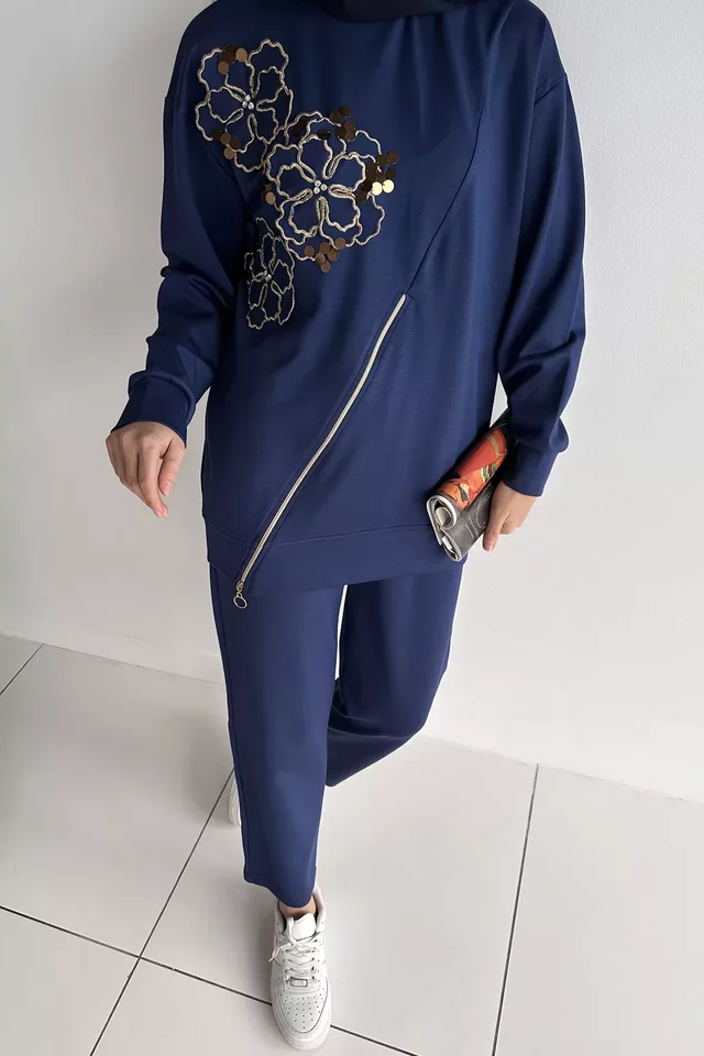 Tesettür Aplike Nakışlı Sweat Pantolon İkili Takım - 2