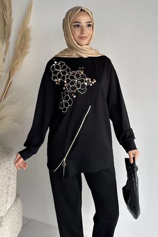 Tesettür Aplike Nakışlı Sweat Pantolon İkili Takım - 2