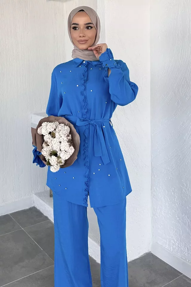 Tesettür Bel Kuşaklı Taşlı Tunik Pantolon İkili Takım - 2