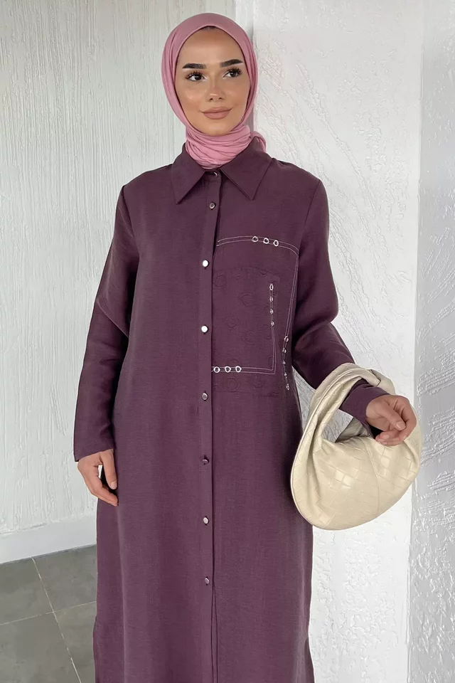 Tesettür Bel Lastikli Pantolon Boydan Düğmeli Tunik İkili Takım
