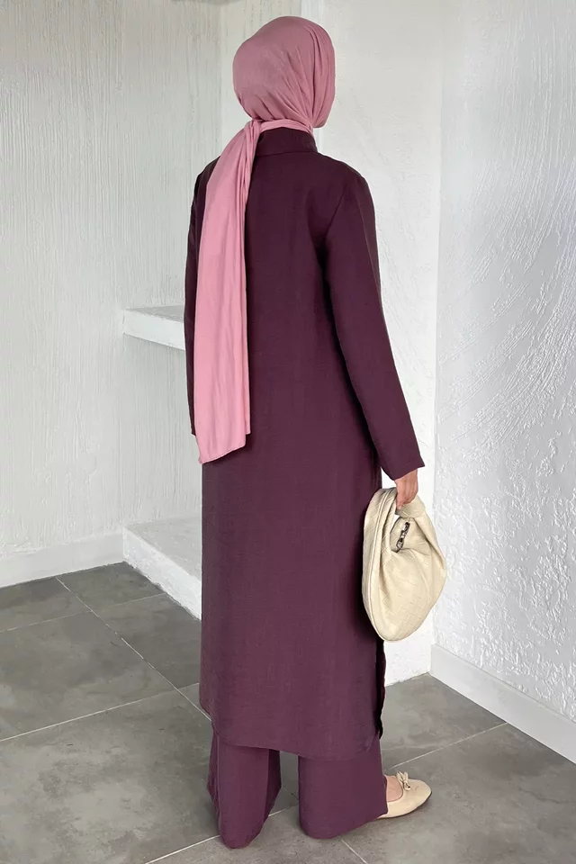 Tesettür Bel Lastikli Pantolon Boydan Düğmeli Tunik İkili Takım