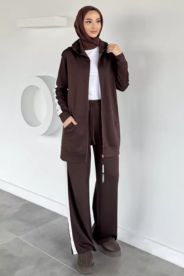 Tesettür Fermuarlı Kapüşonlu Tunik Pantolon İkili Takım - 1