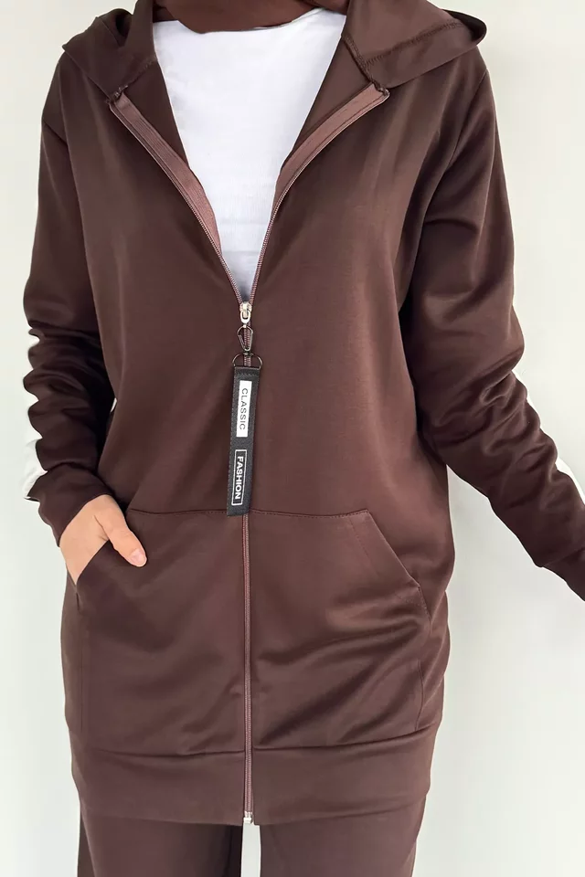 Tesettür Fermuarlı Kapüşonlu Tunik Pantolon İkili Takım